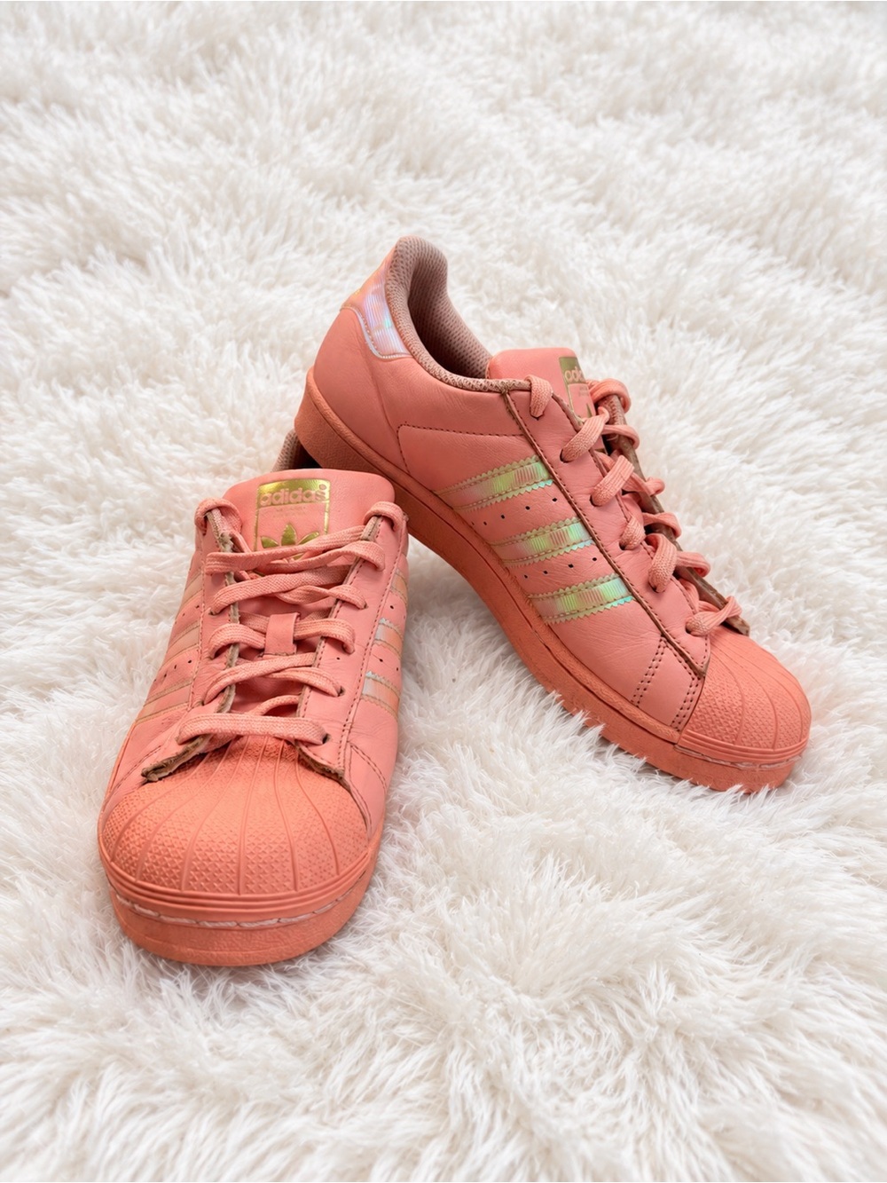 adidas Women’s Coral Pink Shell-Toe Sneakers with Iridescent Stripes